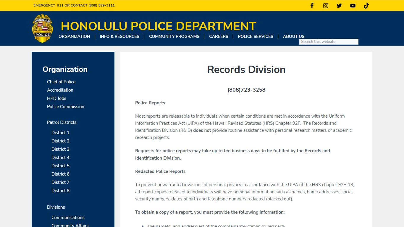 Records Division - Honolulu Police Department